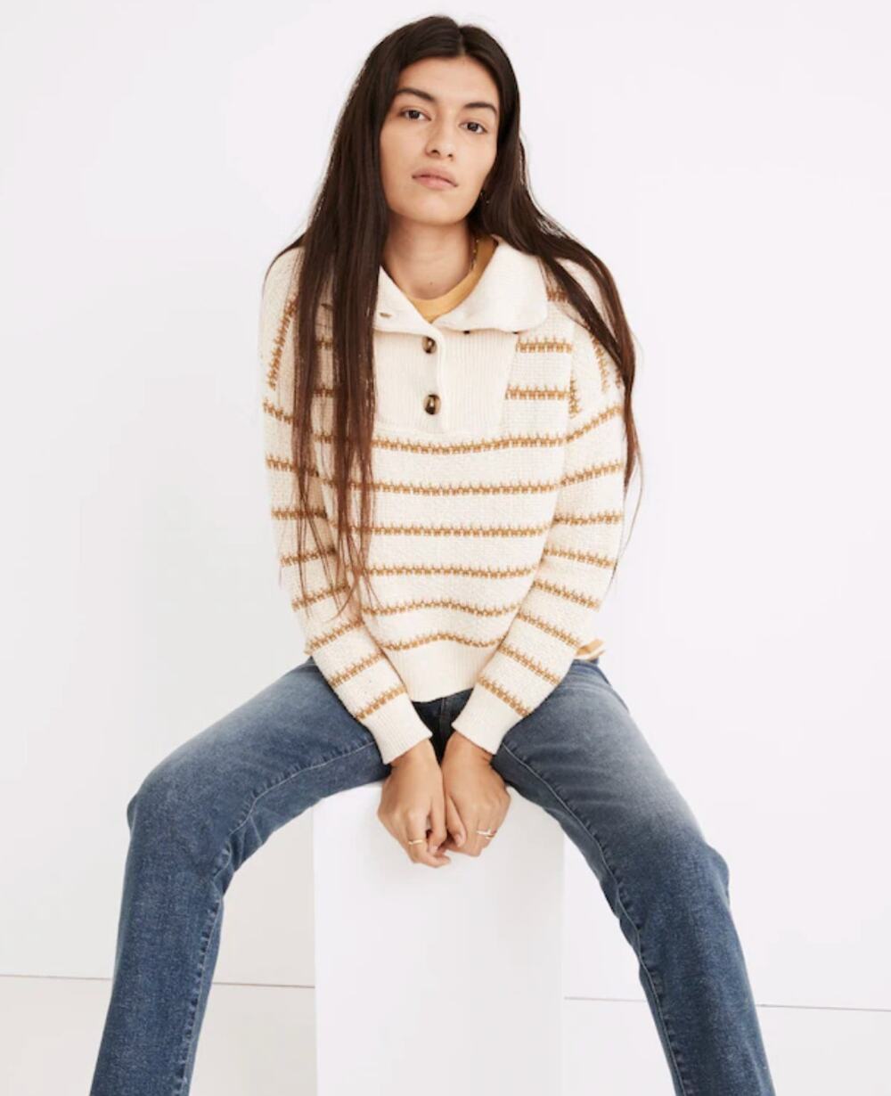 Madewell Canby Button Mockneck Sweater in Stripe Cotton Blend Casual Women's XXS